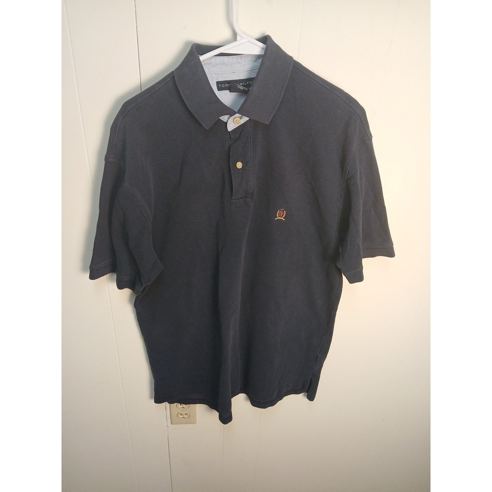 Tommy Hilfiger Polo Shirt Mens L Navy Blue Lion Crest Logo Golf Vintage!